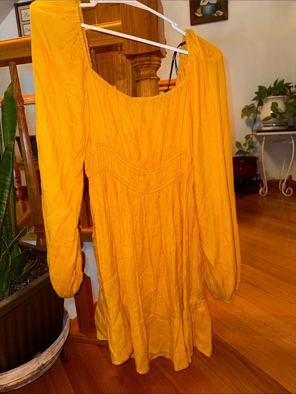 NWT Forever 21 Mustard Yellow Long-Sleeve Smocked Waist Dress